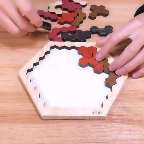 Tangram Hexágono 14 Peças Tetris 3d Madeira
