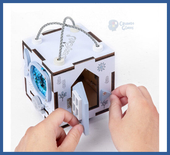 Cubo Sensorial Educacional Em Madeira Com Alças - Azul