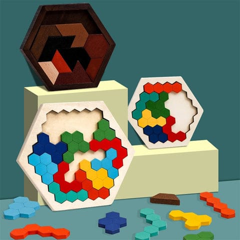 Tangram Hexágono 14 Peças Tetris 3d Madeira